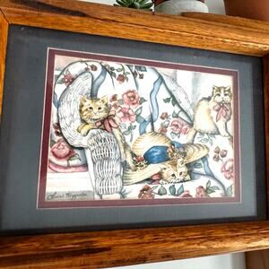 Laurie Hegadorn Framed Kitten Print | Vintage Cottage Cat Art | Oak Wood Frame